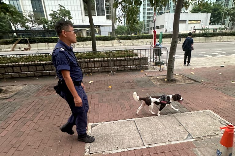 警員帶同警犬在法庭外搜查是否有可疑人物。（張雨娜攝）