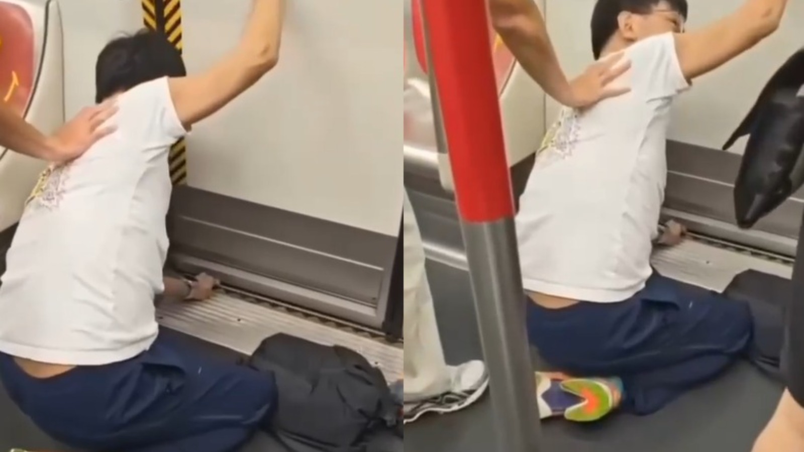 【堅有片】港鐵四眼男為檢手機夾車門底罅隙　痛苦跪地求救「唔該開門呀！」